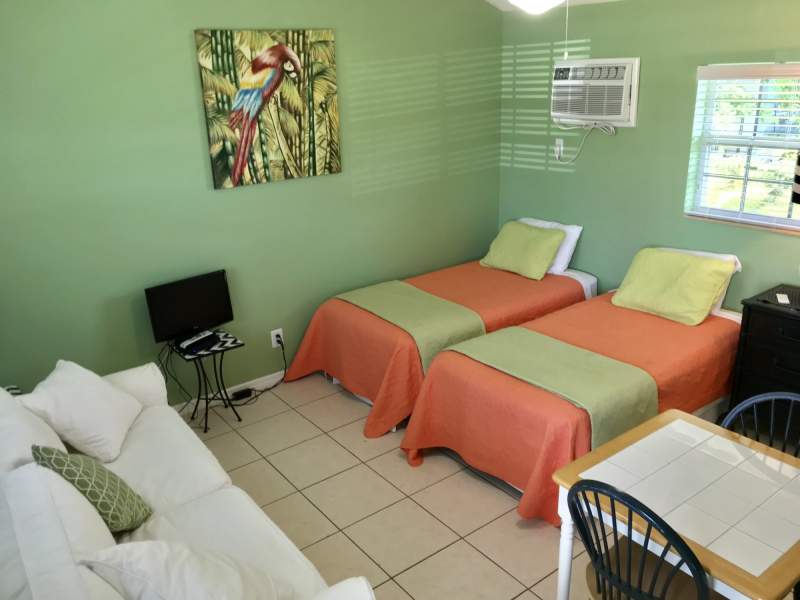 Light green walls, two twin beds with orange bedding, parrot picture, partial images of couch and table